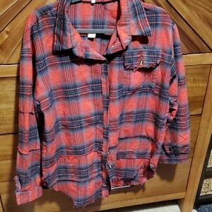 Red & Navy Plaid Distressed Button-Up Shirt Frayed Bottom For A Rustic Look